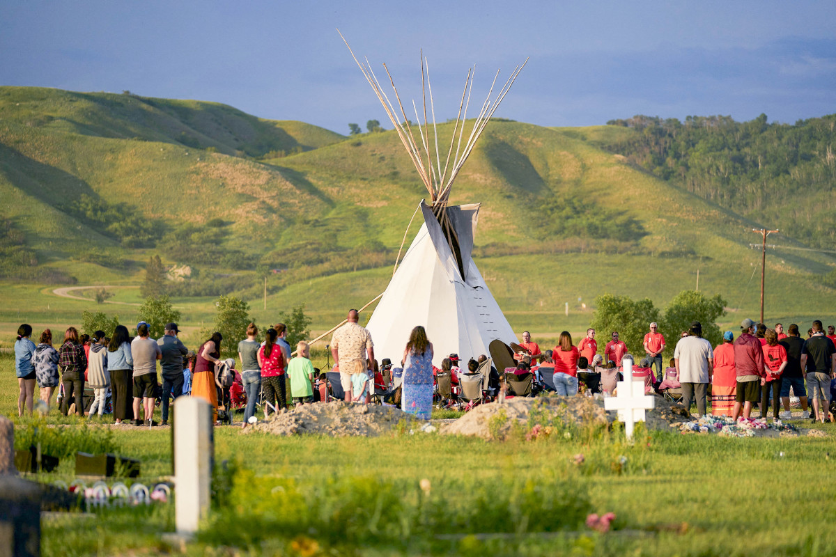 A June vigil on the Cowessess First Nation reservation, in Saskatchewan, near another unmarked grave site.